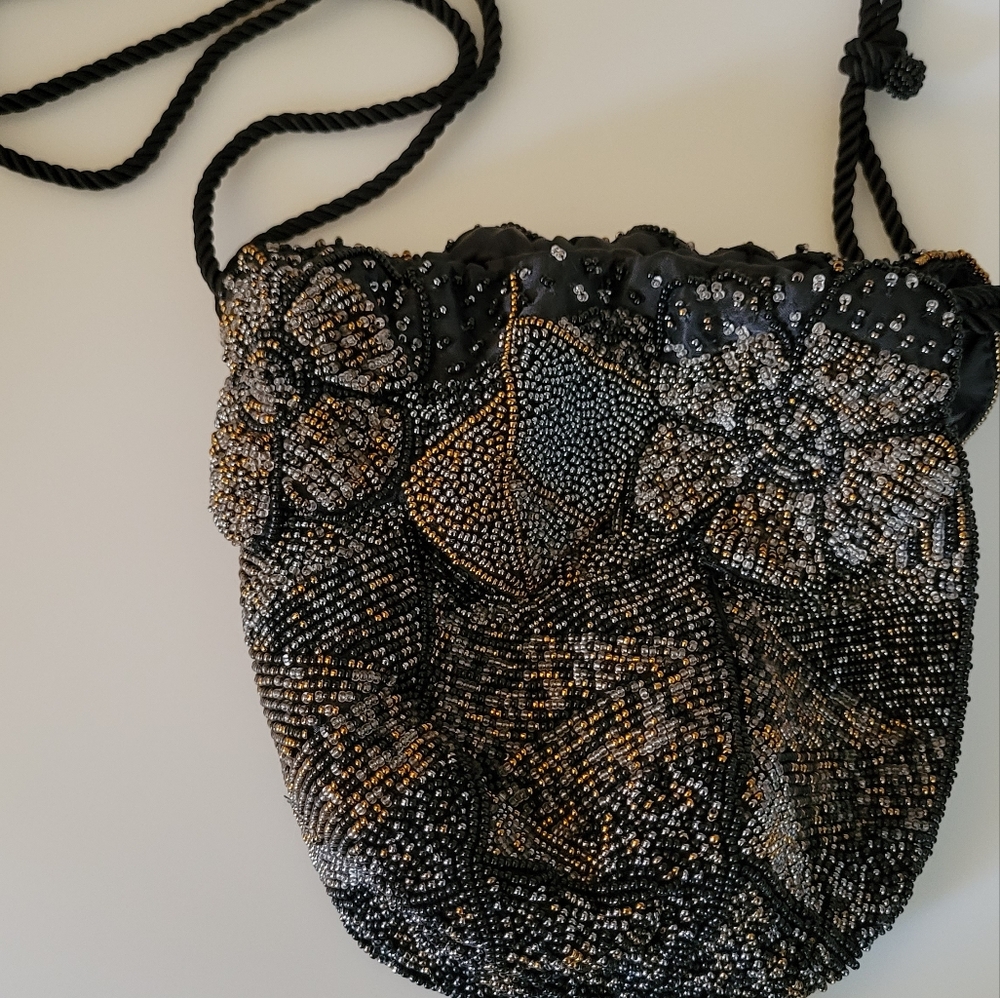 Rare Stunning Vintage Black And Gold Beaded Bag Designed by Kai-Yin Lo for Han